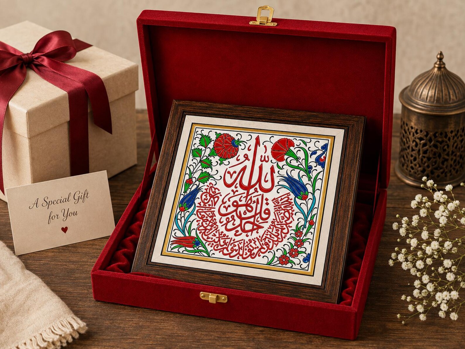 Handmade Framed Relief Ceramic Tile + Velvet Box, Islamic Wall Decor, Muslim & Ramadan Eid Gift, Islamic Calligraphy Wall Art, Handmade Tile