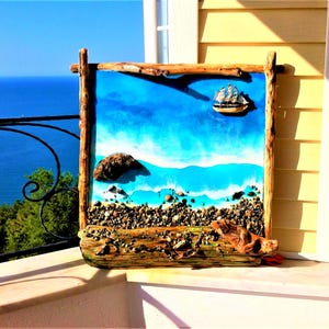 Natural Driftwood Sculpture with Wooden Base Coastal, Rustic Wall Art, Handmade Nautical Home Decor Unique Artwork, Gift for Farmhouse