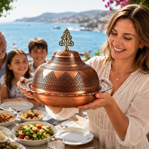 May include: A round copper serving dish with a matching domed lid featuring intricate geometric engravings and a decorative finial handle. The metallic vessel has a wide, scalloped rim and a polished finish, designed for presenting food at a table.