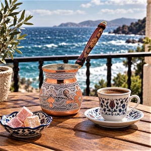 May include: A copper Turkish coffee pot with a long dark wood handle, featuring intricate white and copper floral engravings. Beside it sits a white ceramic cup and saucer with blue and red floral patterns, and a small bowl containing pink Turkish delight.