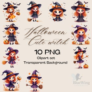 Clipart de bruja linda de Halloween: 10 PNG, fondo transparente, bruja kawaii, descarga instantánea