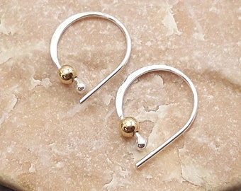 Tiny sleeper hoop earrings. Sterling silver Fine Silver. Silver and gold earrings. Tiny bead earrings. Gifts for her. Pure silver. Rose Gold