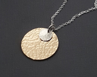 Hammered double circle pendant. 14k Goldfilled and sterling silver. simple minimalist necklace. 3/4" two tone necklace
