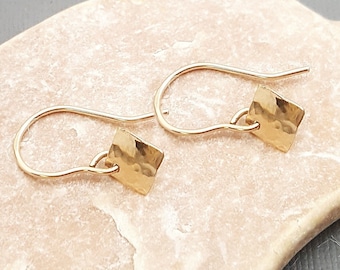 14k Hammered gold earrings. Gold dangles. Small square earrings. Simple minimalist gold dangles. 3/4". Gifts for her. Tiny gold earrings