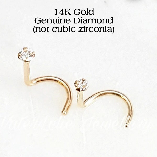 Genuine Diamond nose stud. Solid 14k gold nose stud. Screw end nose stud. 1.8 mm Diamond solid gold nostril stud. 2 mm Diamond Nose jewelry.
