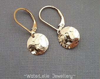 Textured gold dangle earrings. Minimalist gold filled earrings. Crinkly light catching texture. Lever back earrings