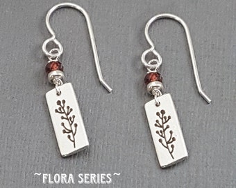 Flora Series. Etched sterling silver twig earrings. Ruby beads. Floral dangle earrings. Branch earrings. Botanical jewelry. July birthstone