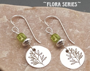 Flora Series. Etched sterling silver twig earrings. peridot. Floral dangle earrings. August birthstone. Botanical jewelry. Minimalist
