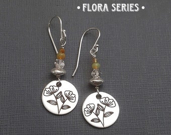 Flora Series. Etched sterling silver flower earrings. Ethiopian Opal. Floral dangle earrings. Poppy earrings. Botanical jewelry