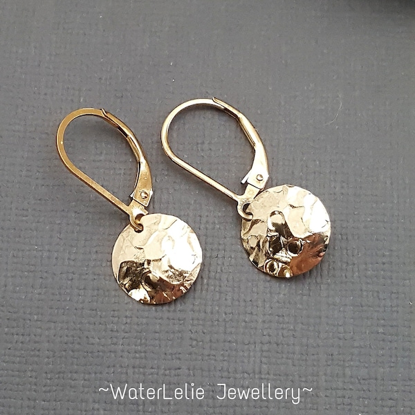 Textured gold dangle earrings. Minimalist gold filled earrings. Crinkly light catching texture. Lever back earrings