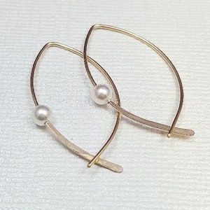 10k Gold Earrings. Solid Gold earrings. Pearl earrings. genuine 10k Gold hoops. minimalist earrings. real gold wire earrings. Fish hoops