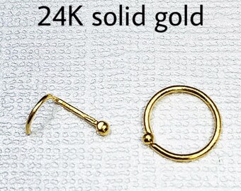 Solid 24k Gold nose stud. 24k ball stud Dainty gold Screw end. L stud. Ball hoop. Minimalist piercing. 22 gauge 20 gauge. Nugget ball