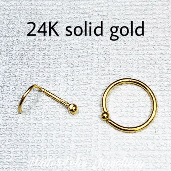 Solid 24k Gold nose stud. 24k ball stud Dainty gold Screw end. L stud. Ball hoop. Minimalist piercing. 22 gauge 20 gauge. Nugget ball