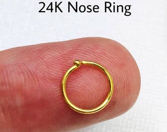 Solid 24k Gold nose ring. 24k pure gold hoop. One ring or one pair. Second hole ring. Solid gold hoop earrings. Tiny Gold hoop. 24k hoop