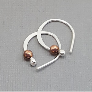 Tiny sleeper hoop earrings. Sterling silver Fine Silver. Silver and gold earrings. Tiny bead earrings. Gifts for her. Rose Gold. One pair