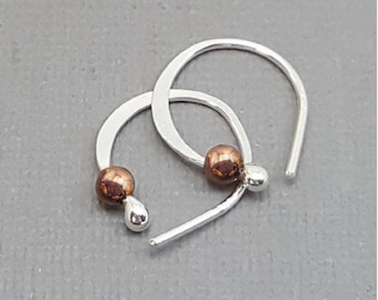 Tiny sleeper hoop earrings. Sterling silver Fine Silver. Silver and gold earrings. Tiny bead earrings. Gifts for her. Rose Gold. One pair