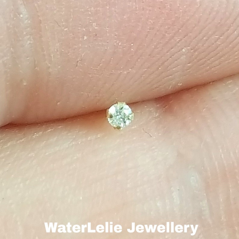 May include: A small, clear, round diamond nose stud with a gold setting.