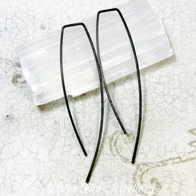 Modern earrings Geometric hoops Long dangle earrings Long silver hoops Minimalist Earrings Black silver earrings Long Modern Hoops