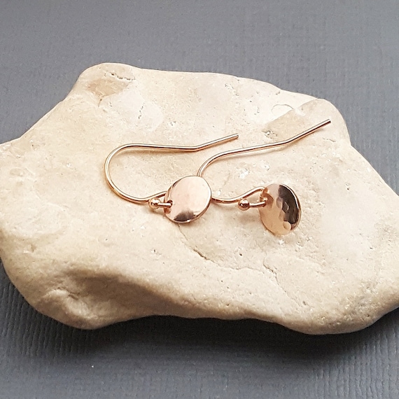 Super tiny Rose Gold Earrings. Hammered Rose Gold discs. Modern earrings. Minimalist earrings. .25 minimalist dangles Etsy