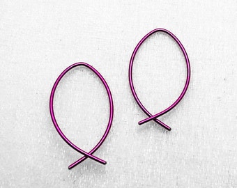 NIOBIUM EARRINGS. Niobium fish hoops. Niobium small hoops. Fish hoop earrings. Small niobium hoops. Modern niobium earrings. Choose color