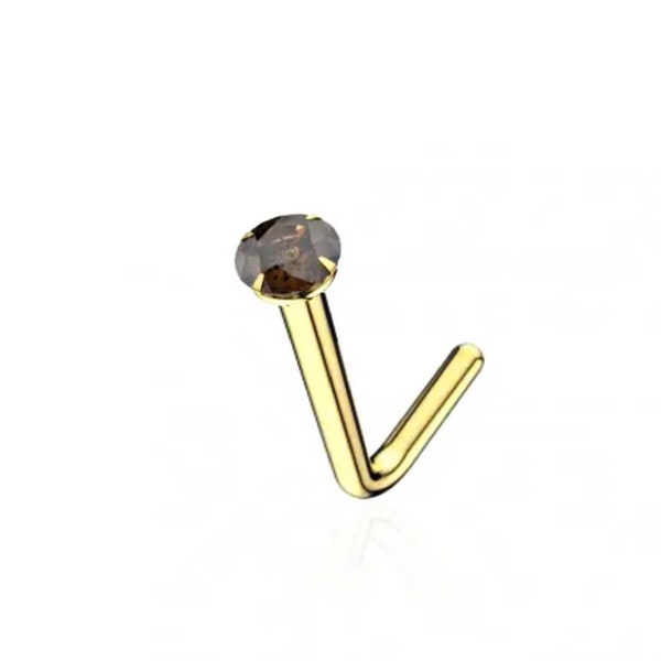 Tiny 9k topaz nose stud. Solid 9k gold nose stud. L shape nose stud. 2 mm smoky topaz cubic zirconia solid gold. October birthstone