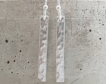 Sterling silver bar earrings. Minimalist earrings. Hammered bar dangles. Line earrings. Modern bar earrings. Textured silver bars