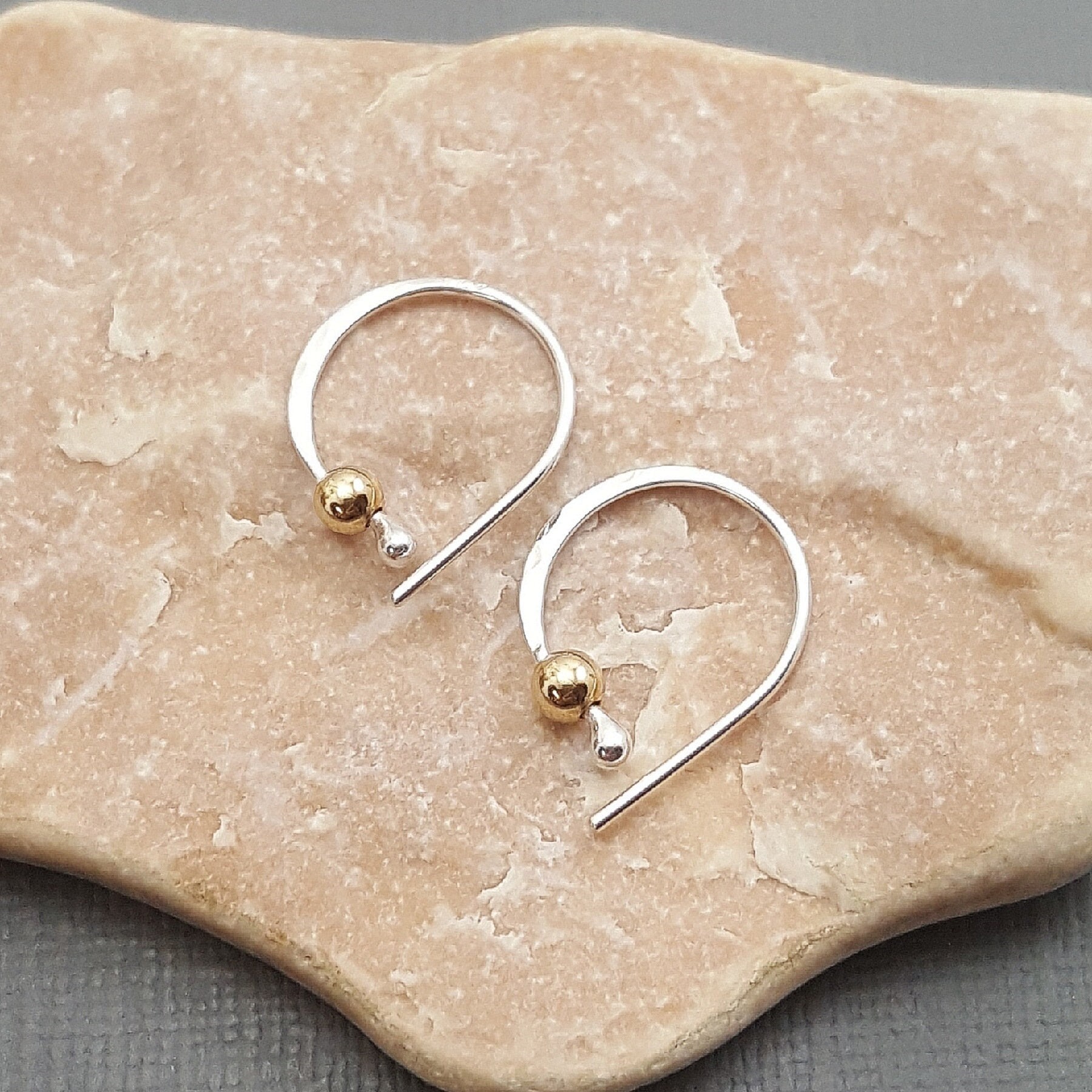 Tiny sleeper hoop earrings. Sterling silver Fine Silver. Silver and gold earrings. Tiny bead earrings. Gifts for her. One pair. Rose Gold
