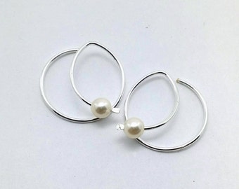 Sterling silver Hoops - Petals - Swarovski pearls - simple modern small wire earrings - lightweight minimal nickel free - everyday hoops