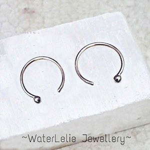 May include: Two silver hoop earrings with a small ball at the end of each hoop.
