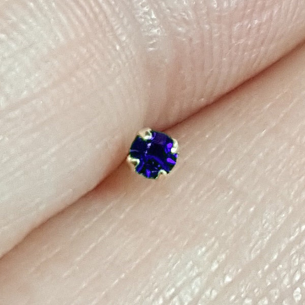 Tiny 9k tanzanite nose stud. Solid 9k gold nose stud. Bone end nose stud. 2 mm cubic zirconia solid gold nostril stud. Nose jewelry.