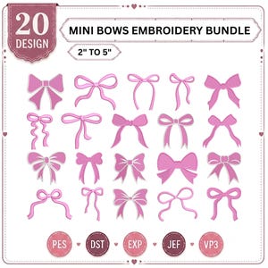 Może przedstawiać: Cyfrowa kolekcja wzorów hafciarskich zatytułowana MINI BOWS EMBROIDERY BUNDLE zawierająca 20 unikalnych ilustracji różowych kokardek w rozmiarach od 5 cm do 13 cm. Dołączone formaty plików to PES, DST, EXP, JEF oraz VP3.