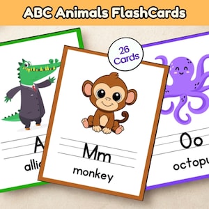 Puede incluir: Tarjetas didácticas ABC Animales con ilustraciones de un cocodrilo, un mono y un pulpo. Cada tarjeta muestra una letra, el nombre del animal y una imagen. El juego incluye 26 tarjetas.