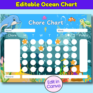 Könnte beinhalten: Eine Ozean-Themen-Aufgabentabelle mit einem blauen Delfin, Seesternen und anderen Meeresbewohnern. Die Tabelle enthält Felder für Name, Aufgaben und Belohnungen, mit dem Text "Chore Chart" oben. Bearbeitbar in Canva.