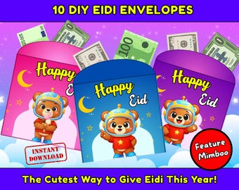 Printable Eid Envelopes for Kids, 10-Pack Mimbooworld Eidi Money Envelopes, Last Minute Eid Activity, DIY Money Holder, Instant Download