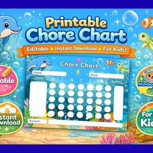 Quadro de Tarefas Oceânicas Editável para Crianças | Quadro de Responsabilidades Subaquáticas | Rotina de Animais Marinhos Imprimível | PDF de Cronograma Diário de Tarefas para TDAH no Canva