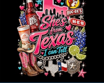 She's From Texas I Can Tell PNG File, Girly Western Texas Coquette Shirt Design, Bluebonnet Cowboy Boots Collage Digital Download