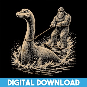 Pode incluir: Uma ilustração gráfica sobre um fundo preto apresentando uma criatura Bigfoot peluda praticando esqui aquático atrás de um monstro do Lago Ness de pescoço longo. A criatura segura uma corda presa ao pescoço do monstro, criando um grande respingo.