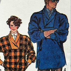 May include: Illustration of two people wearing vintage clothing. One person is wearing a plaid sweater with a contrasting collar, and the other is wearing a blue jacket. The image has the numbers 3 and 4.