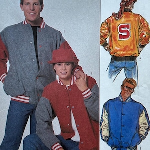 May include: Simplicity sewing pattern 8175, size XL, featuring varsity jackets. The pattern includes images of the jackets in gray and red, and blue and white. The text "E-A-S-Y TO SEW" and "F-A-C-I-L-E A COUDRE" are also visible.