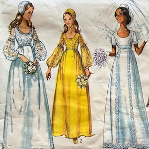 May include: A vintage Simplicity sewing pattern envelope, size 10, featuring illustrations of five floor-length dresses. The designs include long-sleeved gowns, a bridal dress with a veil, and a floral print dress, all displayed on a white background.