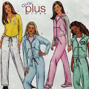 May include: Butterick sewing pattern 3922 for girls' plus sizes. The pattern features illustrations of tracksuits in yellow, pink, blue, and green. The pattern includes sizes 7, 8, 10, 12, and 14.