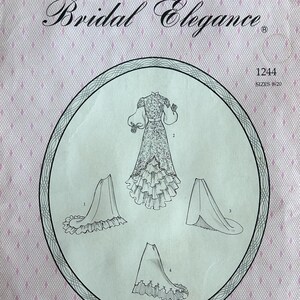 May include: A vintage sewing pattern titled "Bridal Elegance" with illustrations of a wedding dress and skirt variations. The pattern features a pink background with a diamond pattern and the text "Skirt Variations with Gathered or Flat Train."