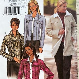 May include: A Butterick sewing pattern featuring illustrations of women's jackets. The jackets include a denim jacket, a paisley print jacket, and a tan jacket with a faux fur lining. The pattern number is 3595.