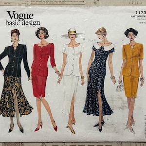 May include: Vogue basic design sewing pattern 1173, featuring illustrations of five different women's suits and dresses. The pattern includes sizes 6-8-10. The cover displays a variety of classic suit and dress designs.