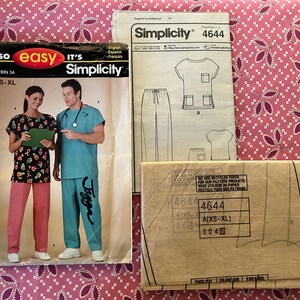 May include: Simplicity sewing pattern 4644 for scrubs. The pattern includes images of scrubs and the words "It's so easy" and "Simplicity". The pattern is for sizes XS-XL. The image also includes a photo of a person wearing scrubs.