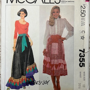 May include: Vintage McCall's sewing pattern featuring two women's fashion illustrations. The pattern cover displays a long skirt and blouse design. The text "PATCHES OF JOY" is visible. The pattern is for Misses size 12, with a 26 1/2 inch waist.