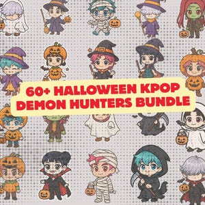 Puede incluir: Una colección de personajes de dibujos animados con disfraces de Halloween, incluyendo brujas, fantasmas y vampiros, sosteniendo calabazas y otros objetos espeluznantes. La imagen tiene el texto "60+ Halloween Kpop Demon Hunters Bundle".