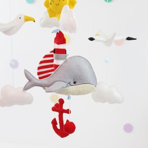 Nautical Baby Mobile –  Crib Mobile with Sailboat, Whale, Seagulls, Lighthouse & Anchor – Ocean Nursery Decor
