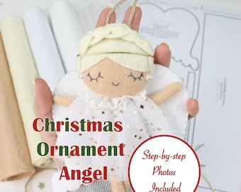May include: A felt angel Christmas ornament with blonde braided hair, a gold halo, pearl earrings, and a white tulle dress featuring gold star accents. The text "Christmas Ornament Angel" and "Step-by-step Photos Included" is visible.