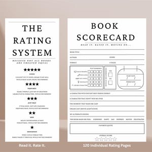 May include: A white book scorecard template with black text. The left side displays a five-star rating system with descriptions for each level. The right side features fields for book title, author, genre, plot rankings, and personal reflections.
